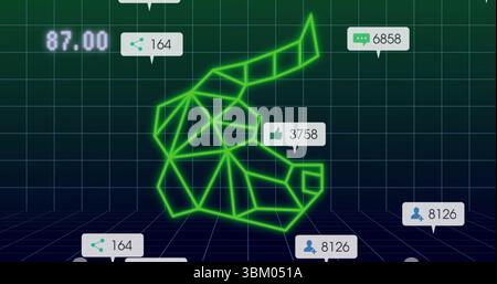 Floating neon green polygonal bull head glowing in virtual grid space, with social media metrics Stock Photo