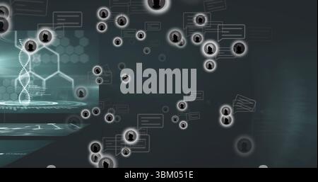 Displaying holographic DNA helix-hexagon panel on interface, user icons, chat bubbles, copy space Stock Photo