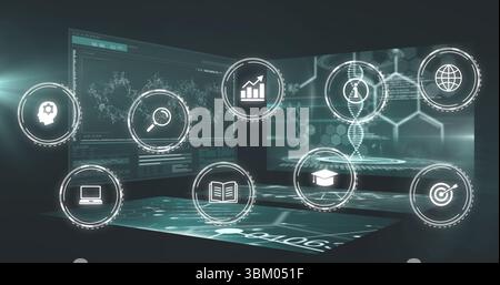 Displaying holographic screens in virtual data lab, with molecular models and interface icons Stock Photo