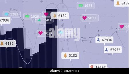 Displaying 3D bar chart at dashboard, with graphs and floating social metrics icons, copy space Stock Photo