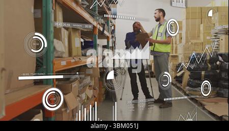 Reviewing inventory two workers wearing vest and plaid shirt in storage aisle, with data overlay Stock Photo