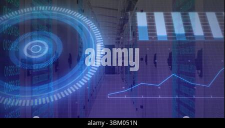 Technicians wearing business attire inspecting server racks in data center, with holographic charts Stock Photo