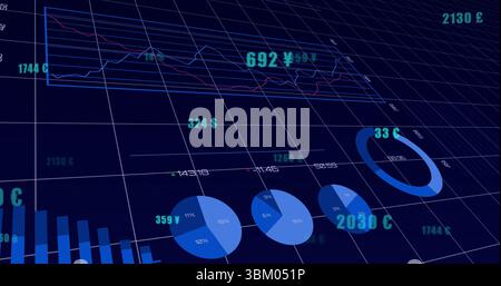Displaying financial charts on 3D grid plane in virtual dashboard, with currency labels Stock Photo