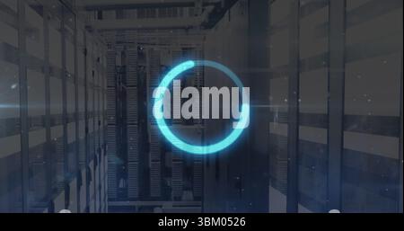 Displaying translucent blue loading graphic pulsing along server racks aisle, with network cables Stock Photo