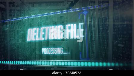 Floating holographic panel showing deleting file progress and processing in data center with racks Stock Photo