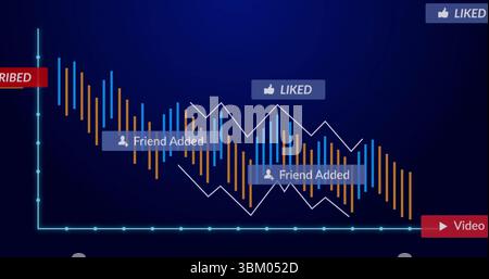 Displaying engagement chart showing bar and line data at digital dashboard with notification badges Stock Photo