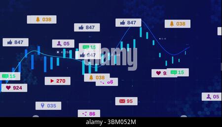 Displaying candlesticks with cyan line graph on dark blue dashboard, with social icons with labels Stock Photo
