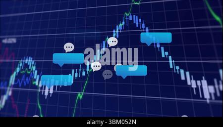 Displaying cyan speech bubbles with ellipsis in trading grid showing candlesticks, neon line graphs Stock Photo