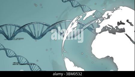 Displaying DNA double helix strands across teal, with globe silhouette, code snippets and particles Stock Photo
