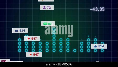 Displaying data chart on screen, with glowing cyan circles, thumbs-up and play icons, numeric label Stock Photo
