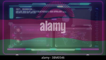 Displaying holographic UI showing world map on dashboard, numeric data and scanning progress bar Stock Photo