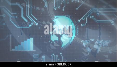 Displaying 3D globe rotating on virtual dashboard, with grid overlay, circuit lines and bar chart Stock Photo