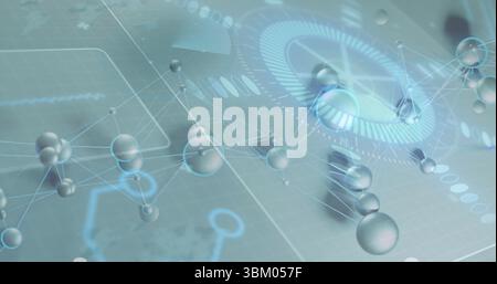 Floating spheres linking with glowing lines above grid, with holographic rings and circuit overlays Stock Photo
