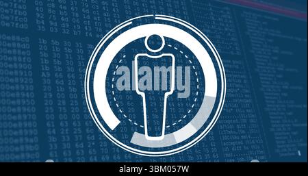 Displaying white human icon pulsing in concentric rings on security dashboard, with code overlay Stock Photo