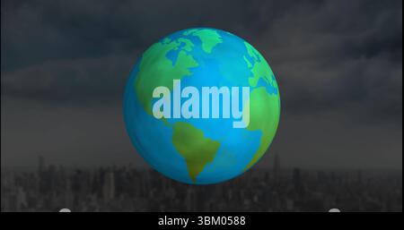 Floating stylized Earth globe above blurred city skyscraper silhouettes under dark storm clouds Stock Photo