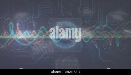 Displaying multicolored waveforms rippling around ring pattern on digital panel, with data nodes Stock Photo