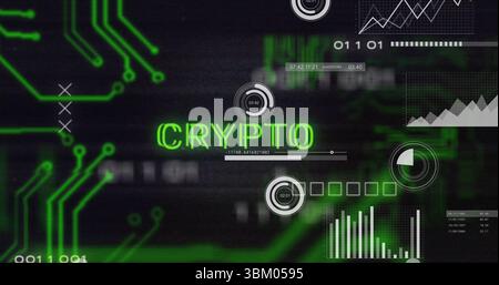 Displaying digital dashboard showing glowing neon green CRYPTO text, with HUD timers and bar graphs Stock Photo
