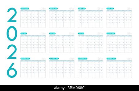 Calendar 2026 year template clipart set. Collection of 12 months year