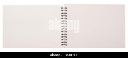blank sketch book with metal spiral binding lying open isolated white background, copy space of notebook or sketchpad white pages, top view Stock Photo