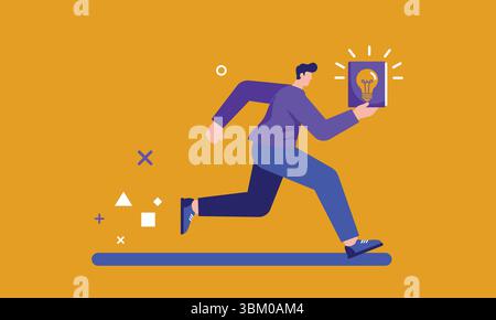 Vector Illustration of Man Running with Light Bulb Idea Stock Vector