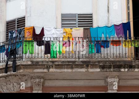 Cuba, Havana. Old Havana. Clothes drying on clothes line. Stock Photo