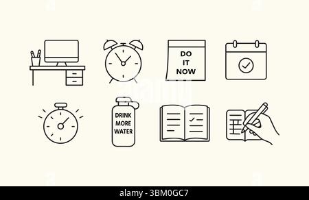 Boost Productivity with Essential Icons for Time Management and Task Completion Stock Vector