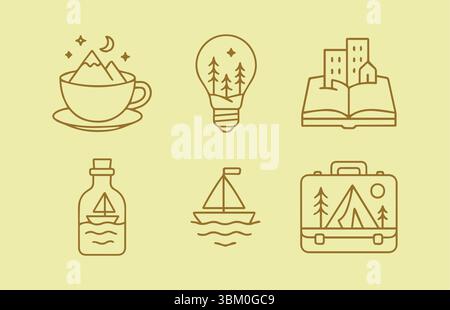 Whimsical Line Art Collage: Journey Through Dreamy Destinations and Adventures Stock Vector