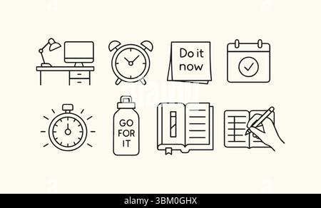 Boost Productivity with Essential Icons for Time Management and Task Completion Stock Vector