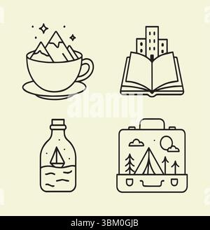 Whimsical Line Art Collage: Journey Through Dreamy Destinations and Adventures Stock Vector