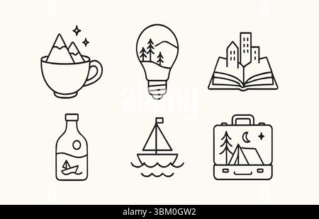 Whimsical Line Art Collage: Journey Through Dreamy Destinations and Adventures Stock Vector