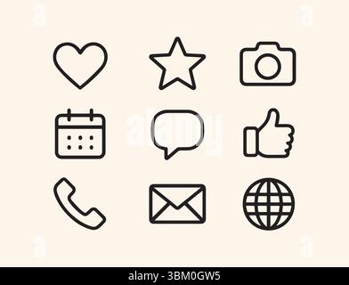 Collection of essential icons including heart, star, camera, calendar, speech bubble, thumbs up, phone, email and globe. Perfect for web. Stock Vector