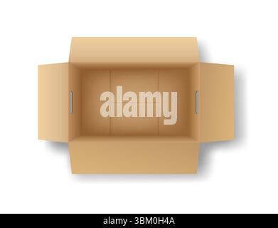 Open cardboard box viewed from above. The box is empty and has side flaps open, revealing its interior. It has two handles on a plain white background Stock Vector