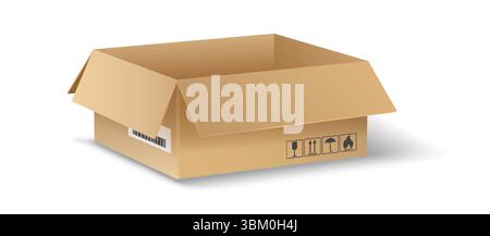 Illustration of an open cardboard box with printed icons in a realistic style on a clean white background. Used for packaging, shipping concepts, or s Stock Vector