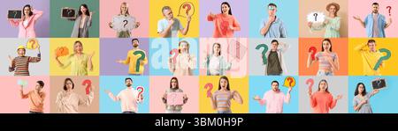 Collage of many people with question marks on color background Stock Photo