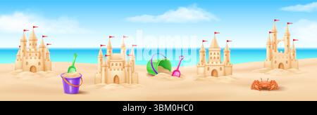 Detailed sandcastles and playful beach toys under a clear blue sky create a fun and sunny beach scene. A vibrant crab enhances the lively seaside atmo Stock Vector