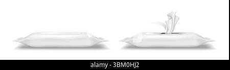 Two realistic packages of white wet wipes on a plain white background. The first package is sealed, while the second shows wipes being pulled out. Use Stock Vector