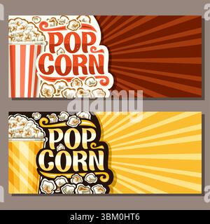 Vector horizontal layout for Pop Corn with blank copyspace for ad, illustration of delicious popcorn in large carton bowl, unique brush lettering for Stock Vector