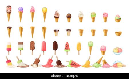 Collection of colorful ice cream cones and popsicles in digital illustration. Includes waffle cones, chocolatecovered treats, and scoops in bowl. Brig Stock Vector