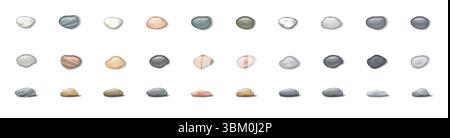 Assorted pebbles displayed in neat rows. Each pebble varies in color, ranging from light to dark shades. Perfect for design background or texture expl Stock Vector