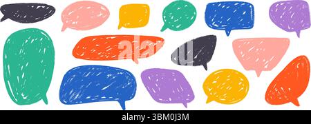 Colored hand drawn speech bubble collection. Scribbled textured dialog box set. Crayon doodled comic talk frames. Red, yellow, blue balloon text box bundle. Bright sketched chat boxes pack. Vector  Stock Vector