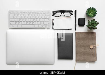 Modern gadgets with eyeglasses, notebooks and plants on white background Stock Photo