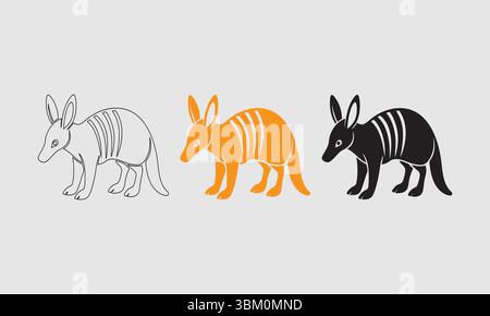 Set of Three Stylized Aardvark Illustrations in Outline, Orange, and Black Silhouettes Stock Vector