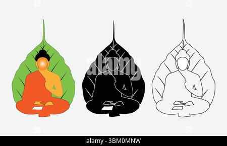 Meditating Buddha Figure on Bodhi Leaf in Three Styles for Vesak Purnima Stock Vector