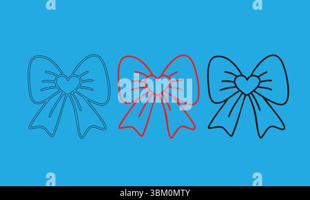 Three Stylized Butterfly Bows with Heart Centers on Blue Background Stock Vector