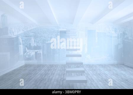 Flat design showing floating staircase ascending in minimalist room with wood floor and glass walls Stock Photo