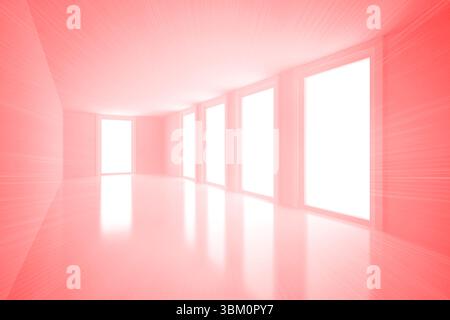 Flat design corridor is flooding reflective floor with pink glow through five tall windows Stock Photo