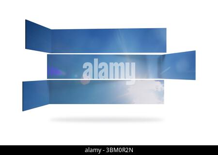 Flat design panels are showing three sky strips with sunburst and lens flare on white background Stock Photo