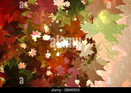 Abstract illustration is showing layered translucent maple leaf shapes glowing with autumn speckles Stock Photo