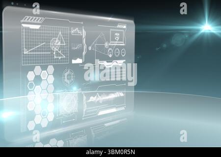 Floating holographic interface panel in space, showing line graphs, hex-grid, gauges in 3D render Stock Photo