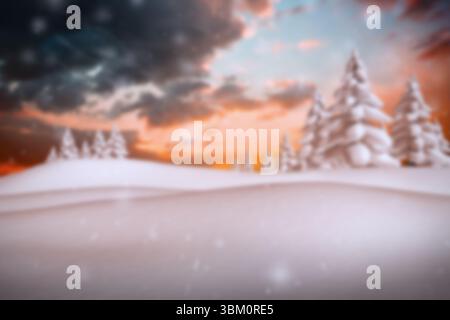 Single large snow-laden evergreen tree is featuring snowflakes and snowdrifts in flat vector design Stock Photo